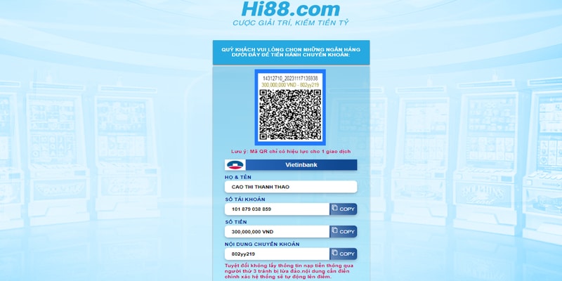 Quy trình nạp tiền Hi88 từ Internet Banking